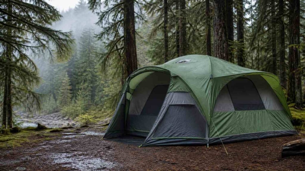 Waterproof camping tent with a full rainfly in a wet forest
