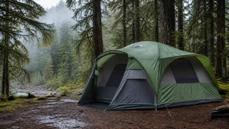 Waterproof camping tent with a full rainfly in a wet forest