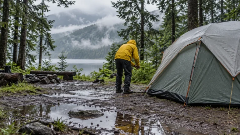Camper securing tent guylines beside a tent after rainfall