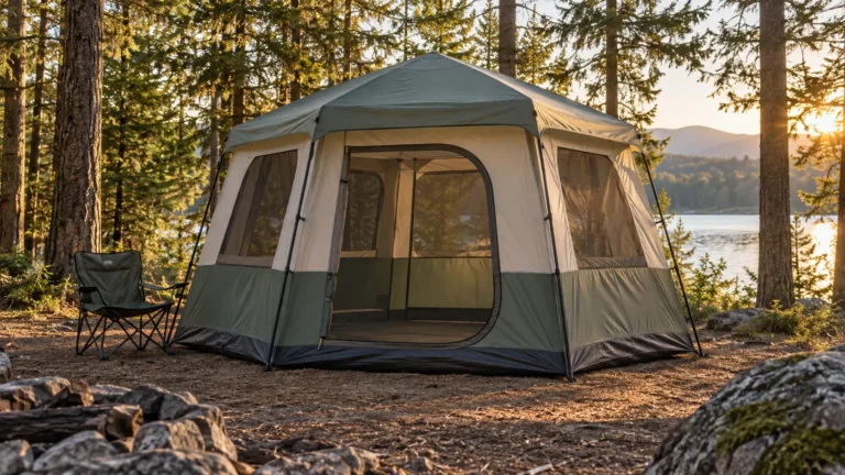 Tall four-person cabin tent with near-vertical walls at a woodland campsite
