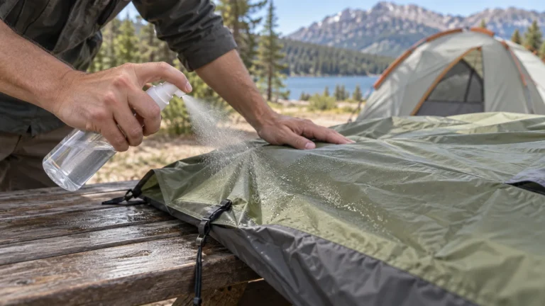 Hands applying waterproofing spray to a camping tent rainfly
